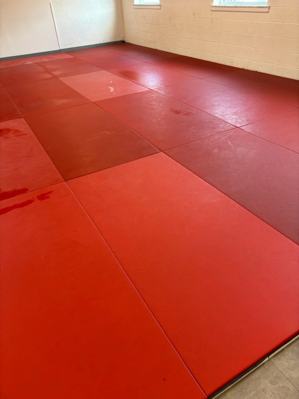Clean red training mats covering a gym floor